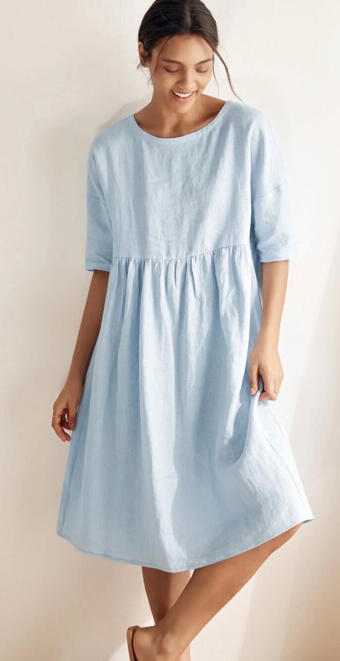 Lintico Linen A-Line Valencia Midi Dress Blue Pockets Relax Beach Women's 3XL